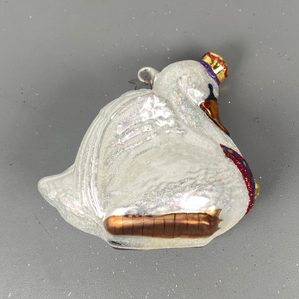 Vintage Blown Glass Swan Bird Christmas Holiday Ornament White Glitter Animal